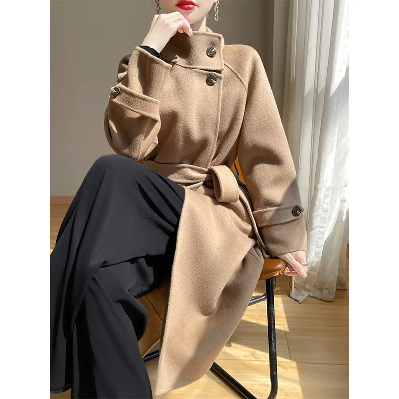 

Двустороннее кашемировое пальто для женщин, стиль средней длины, новый стиль осенью и зимы, приталенный крой и утягивающий, шерстяное пальто, шерсть