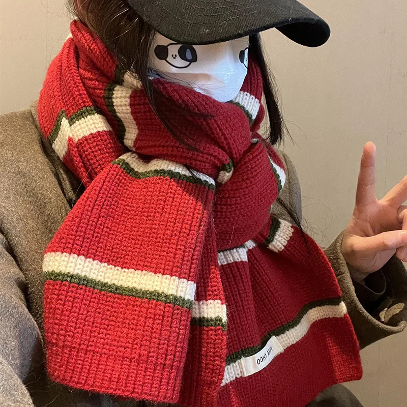 Imagen 3: Bufanda a rayas de moda cálida para invierno, bufanda tejida para mujer, cubierta para el cuello a prueba de viento, calentador térmico para el cuello, chal, bufandas largas gruesas