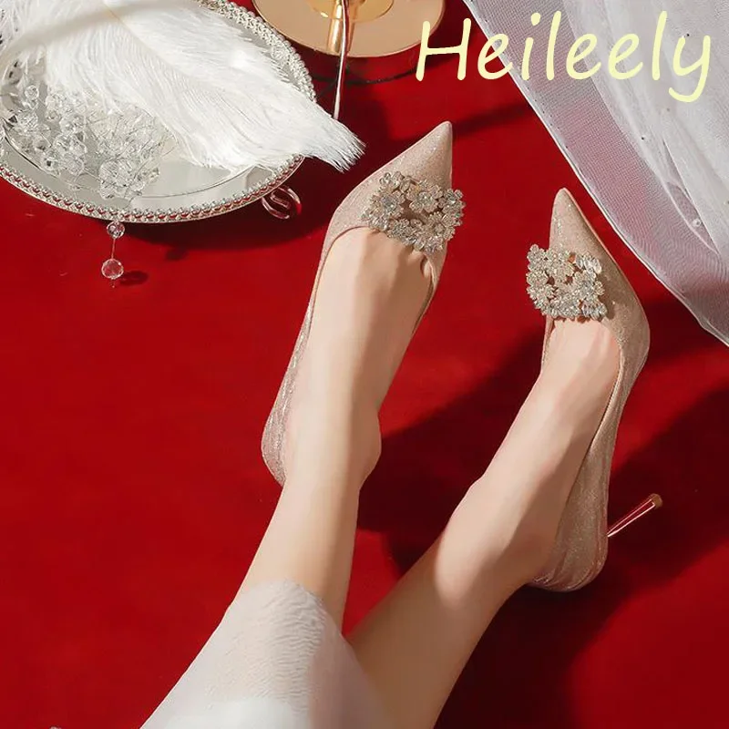 

6cm Fashion New Thin High Heels with Rhinestone Bow Pointed Toe Pumps Wedding Shoes for Women 41 42 43