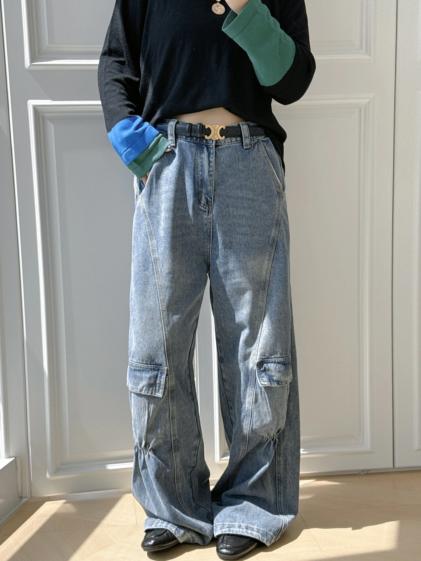 

Американские ретро-джинсы в рабочем стиле с высокой талией, свободные длинные брюки для женщин больших размеров, удобные широкие брюки в пол