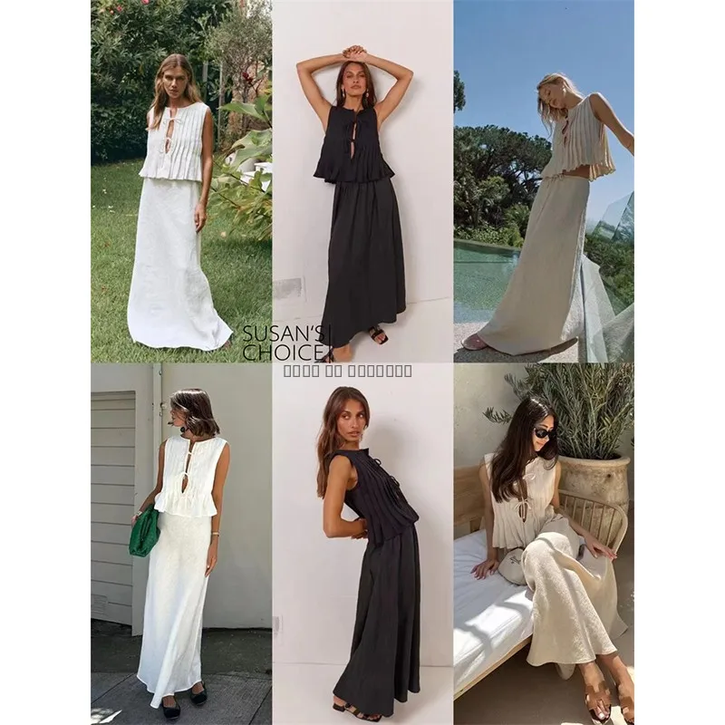 

Susan Австралийский льняной ажурный классический комплект футболки с поясом и жилетом и юбкой, женский модный летний наряд