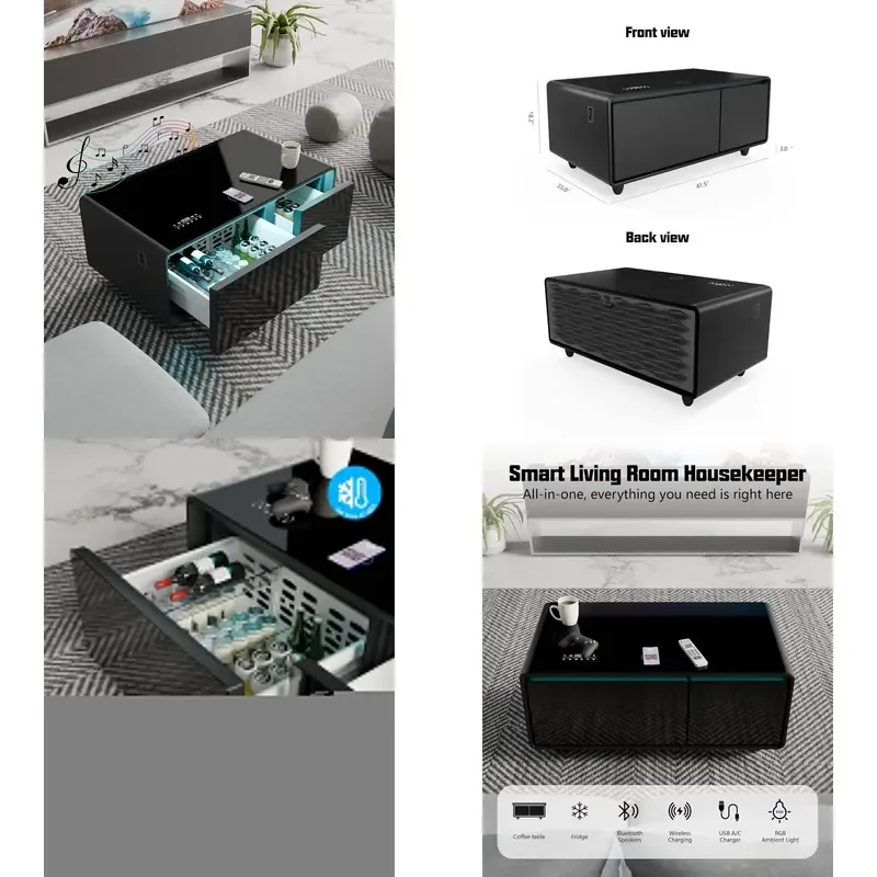 Smart Coffee Table with Built-in Fridge Bluetooth Speaker 15W Wireless Charger USB 110V Outlet Modern Living Room Furniture