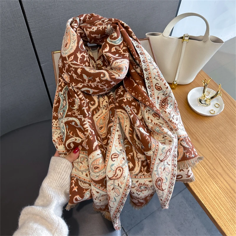 

2025 Design Floral Printed Cashmere Scarf Women Winter Pashmina Shawls And Wraps Thick Warm Bufanda Stoles Blanket Luxury