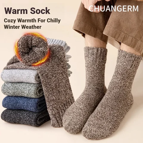 CHUANGERM 3 Pares de Calcetines de Merino para Hombre, Calcetines Cálidos de Invierno de Alta Calidad, Estilo Harajuku Retro, Calcetines Casuales Anticongelantes de Cachemira