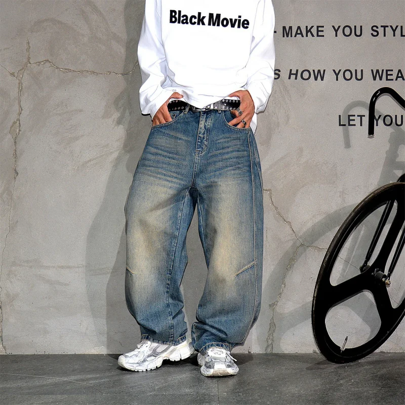 

American Vintage Curved Wide Leg Jeans Men, Cleanfit Washed Distressed Loose Denim Pants