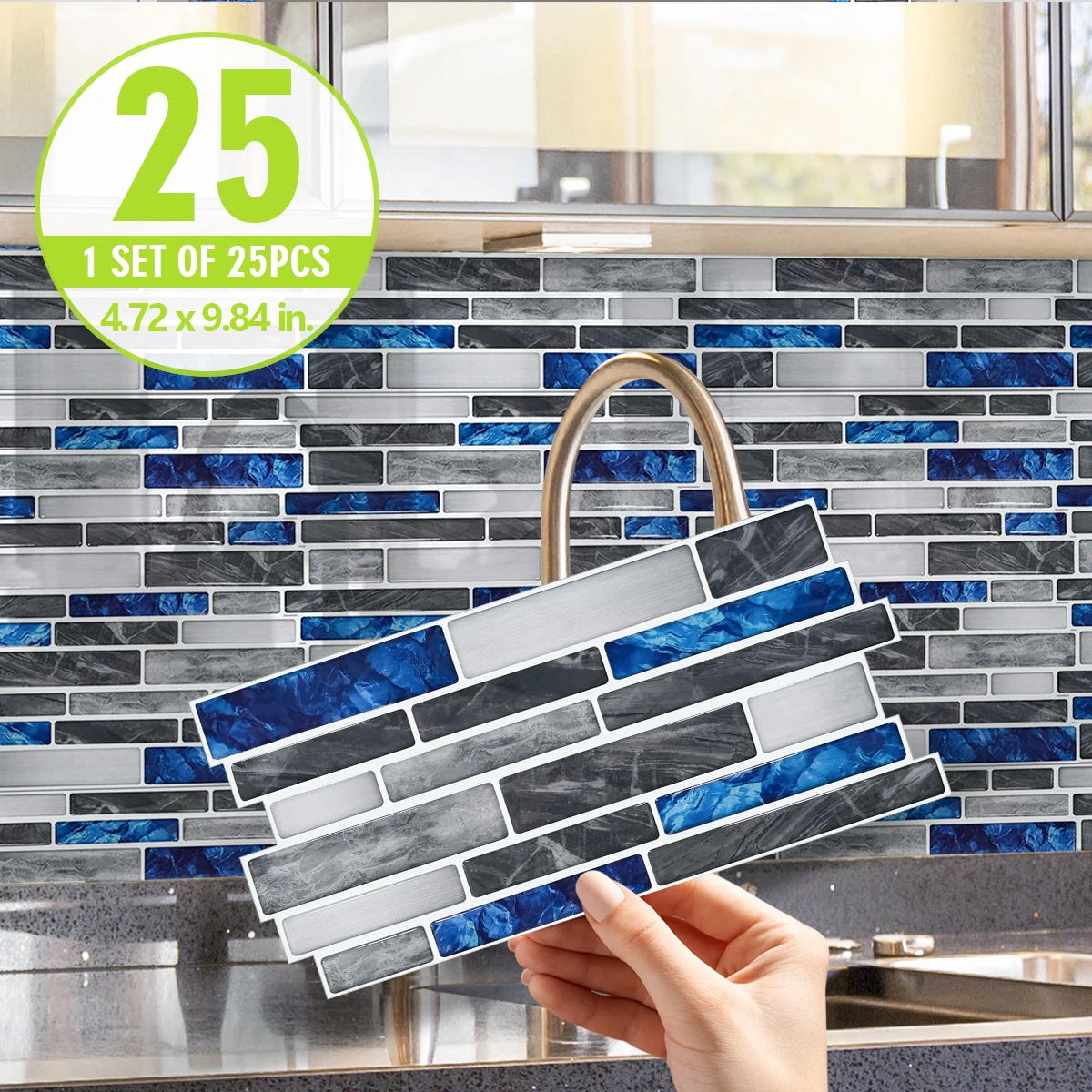 25 SZTUK Niebiesko-szare naklejki na płytki kryształowe Marmurowy wzór Efekt 3D Kryształowe naklejki ścienne kuchenne Wodoodporna i olejoodporna kuchnia