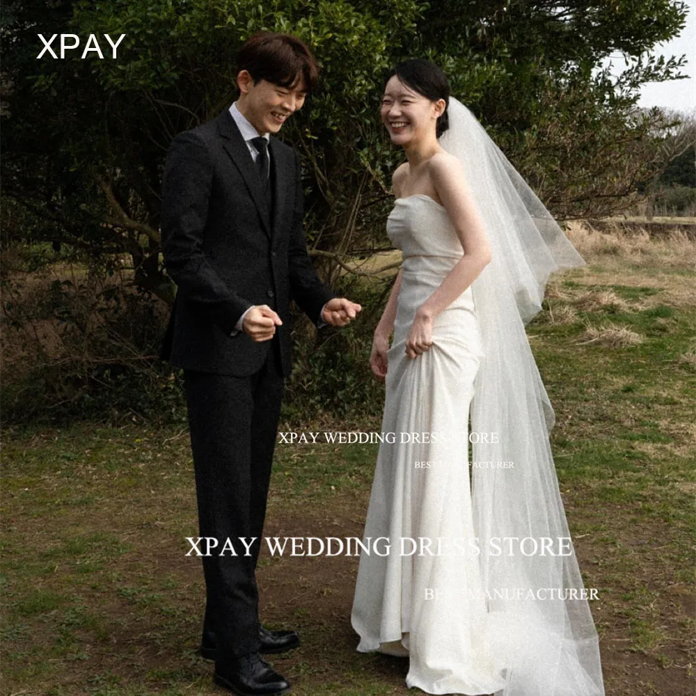 

XPAY Simple Strapless Korea Mermaid Wedding Dresses Draped Pleats Sleeveless Bridal Gown Photos Shoot Floor Party Gown Custom