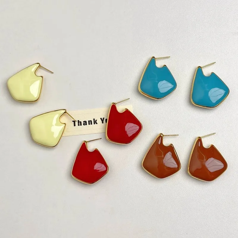 Vintage Colorul Enamel Drop Glaze Metal Chunky Stud Earrings for Women Female Geometric Irregular Earring Statement Jewelry Gift