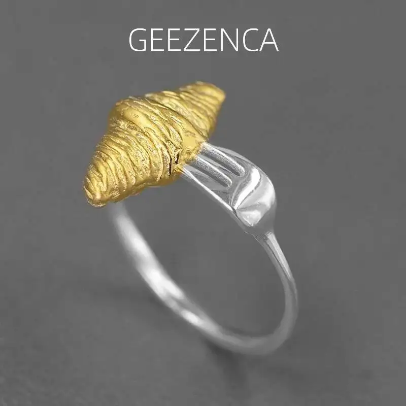 

GEEZENCA 925 Sterling Silver Two Tone 3D Croissant Fork Open Ring For Women Cute Unique Original Design Resizable Rings 2024 New