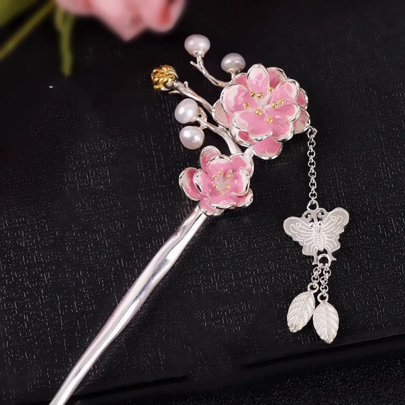 925 Silver Vintage Hair Jewelry National Style Classical Elegant Peach Blossom Hairpin Butterfly Tassel Flower Hanfu Accessories