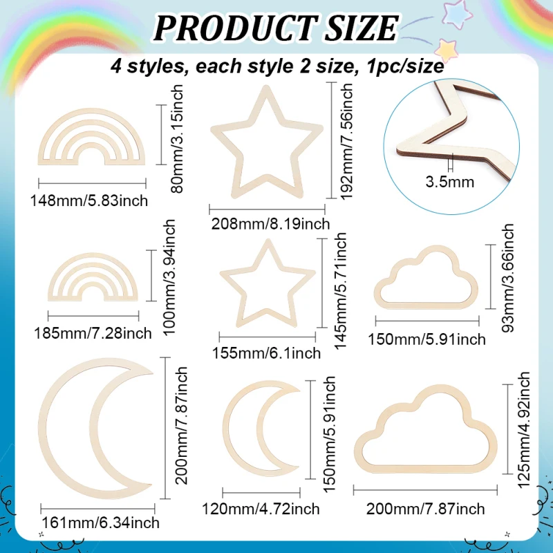 8Pcs 4 Styles Wooden Outline Moon & Star & Cloud & Rainbow Wood Macrame Frames Art Frame Weaving Macrame for DIY Craft Making