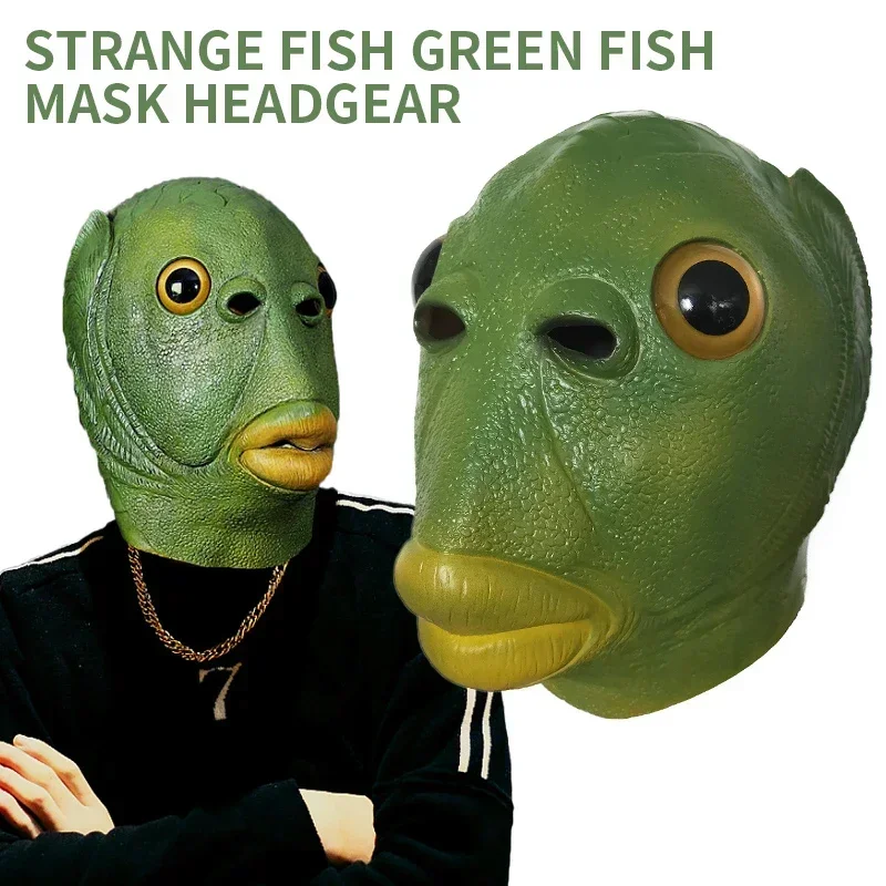 Weird Green Fish Mask Latex Green Fish Headgear Party Horror Spoof Funny Mask Cosplay Masks Adult Halloween Event Cosplay Props