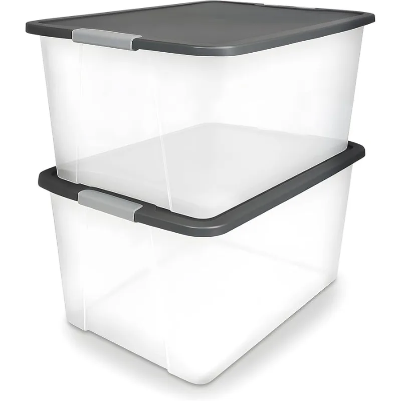 

2-Pack Secure Latch, Clear Plastic Storage Organizer Bins, 64 Quart, Gray Lid - Heavy-Duty Container Boxes with Lids for Home, O