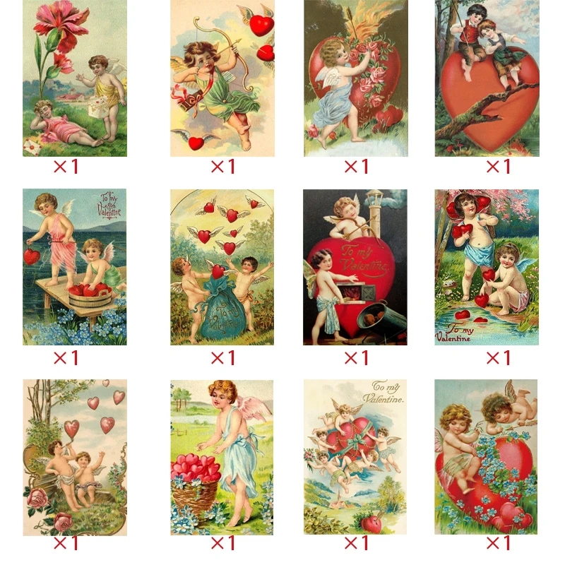 12pcs Retro Valentine\'s Day Postcard Cute Couple Little Angel Love Heart Pattern Greeting Card Anniversary To My Valentine Gift