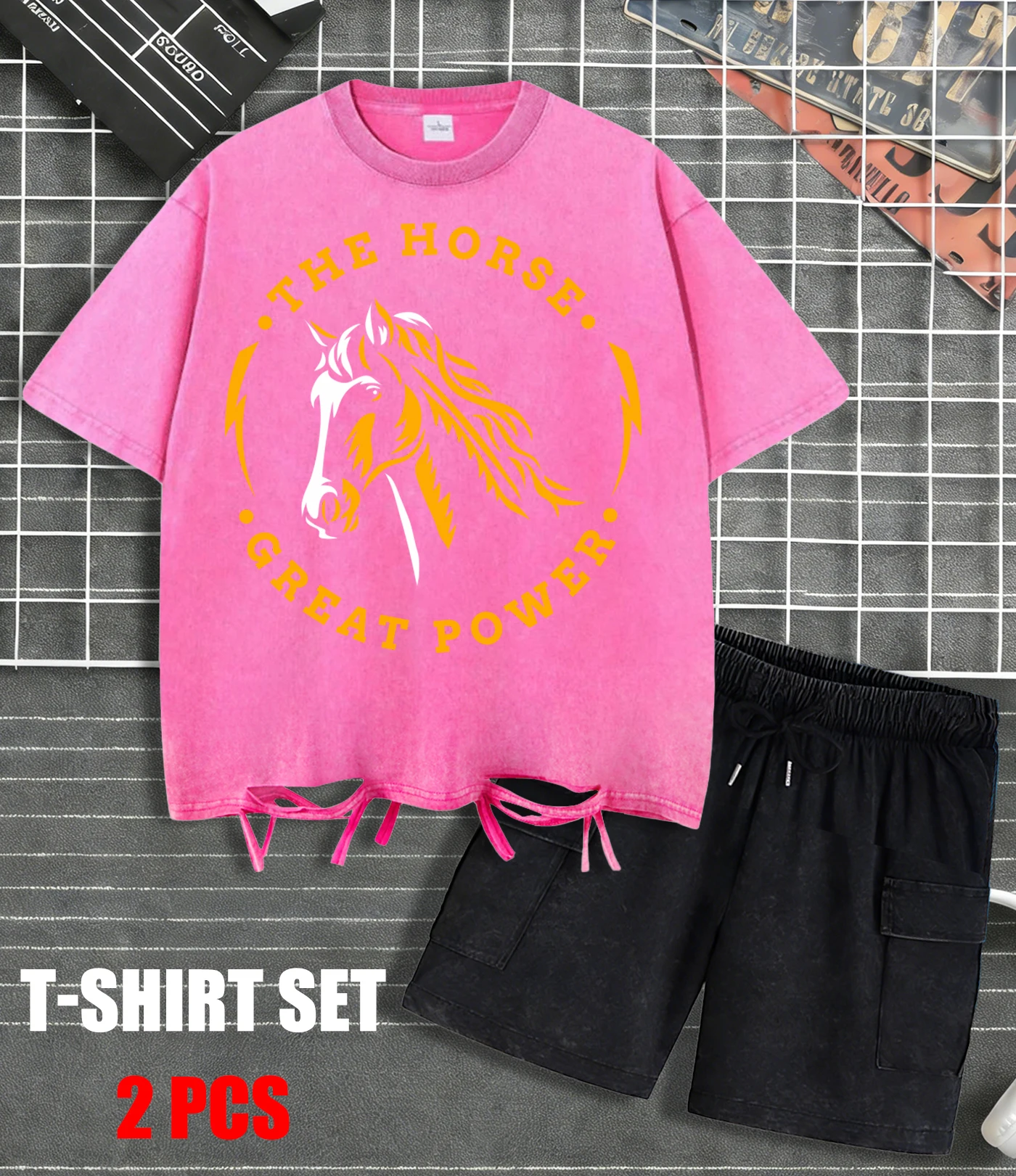 

The Horses Great Power Snow Washed T-Shirt Mens Summer Loose Tee Set Retro Unisex Cotton Holes Top Fashion All-Match Shorts