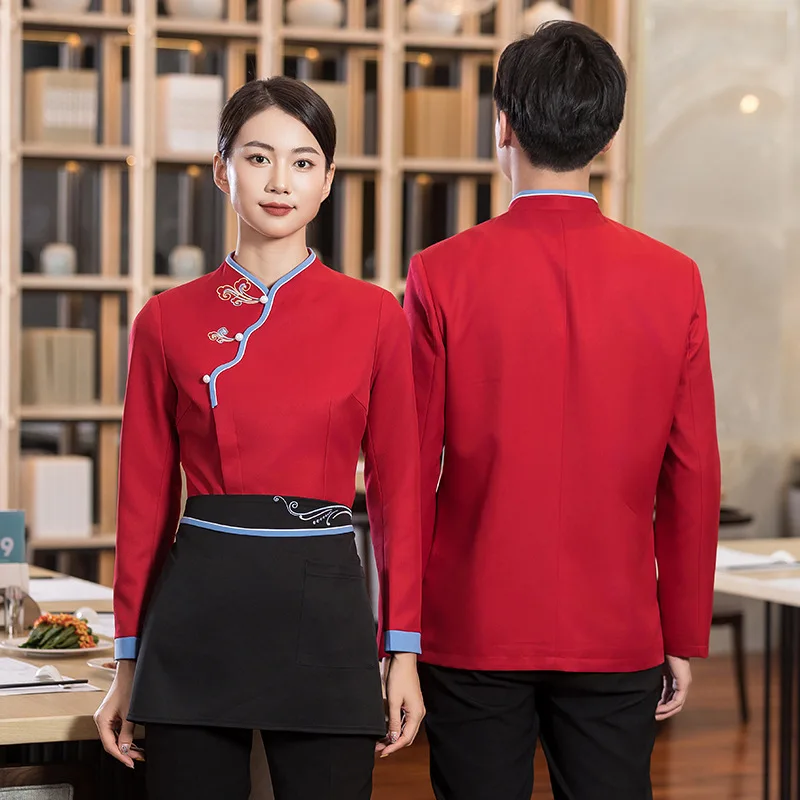 ร้านอาหาร Waiter Uniform โรงแรมบริการอาหารทําความสะอาด Overalls แขนยาวเบเกอรี่ทํางาน Breathable Fast Food Shop เสื้อ