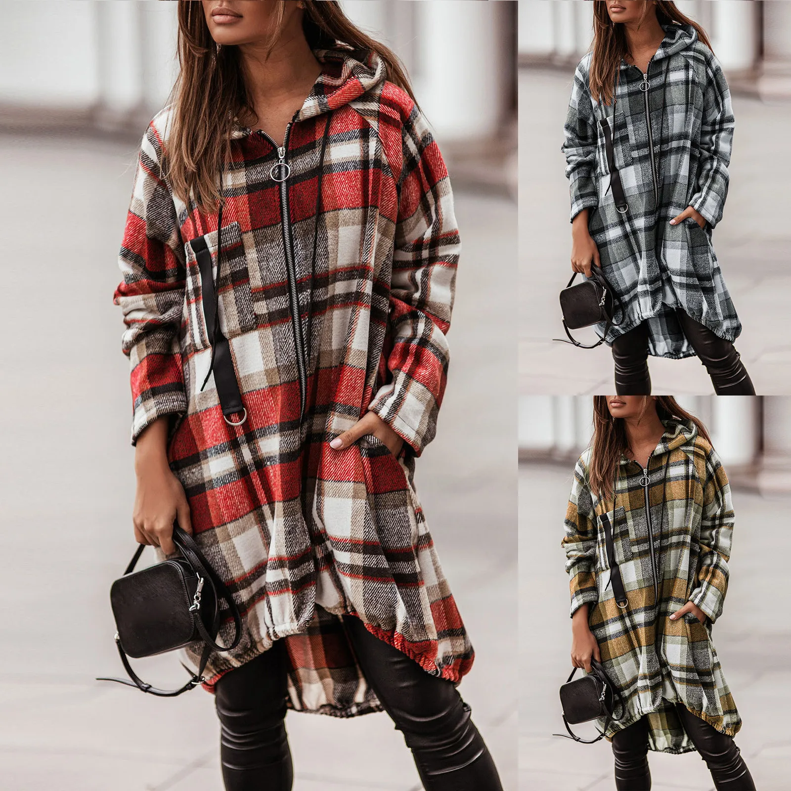 Ladies Fashion Zipper Loose Hooded Plaid Printed Shirt Zipper Irregular Jacket Zip Up Outwear Coats Loose Coat