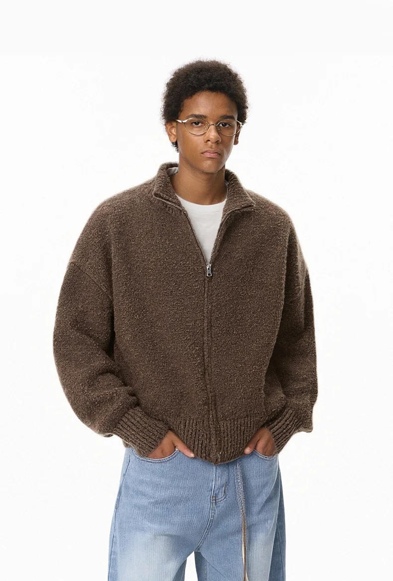Jiezhan Men's Lao Qian Stand Collar Sweater Coat Winter Collection American Retro Warm Knitted Wear