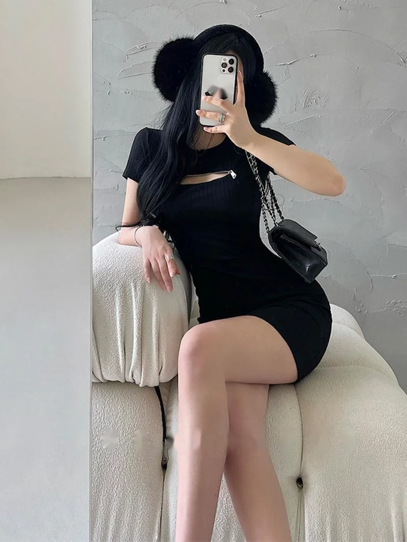 Pure Desire Style Sexy Chest Zipper Hollow Short Sleeve Dress Elegant Wrapped Hip Short Dress T Shirt Mini Dress Fashion CK7Y