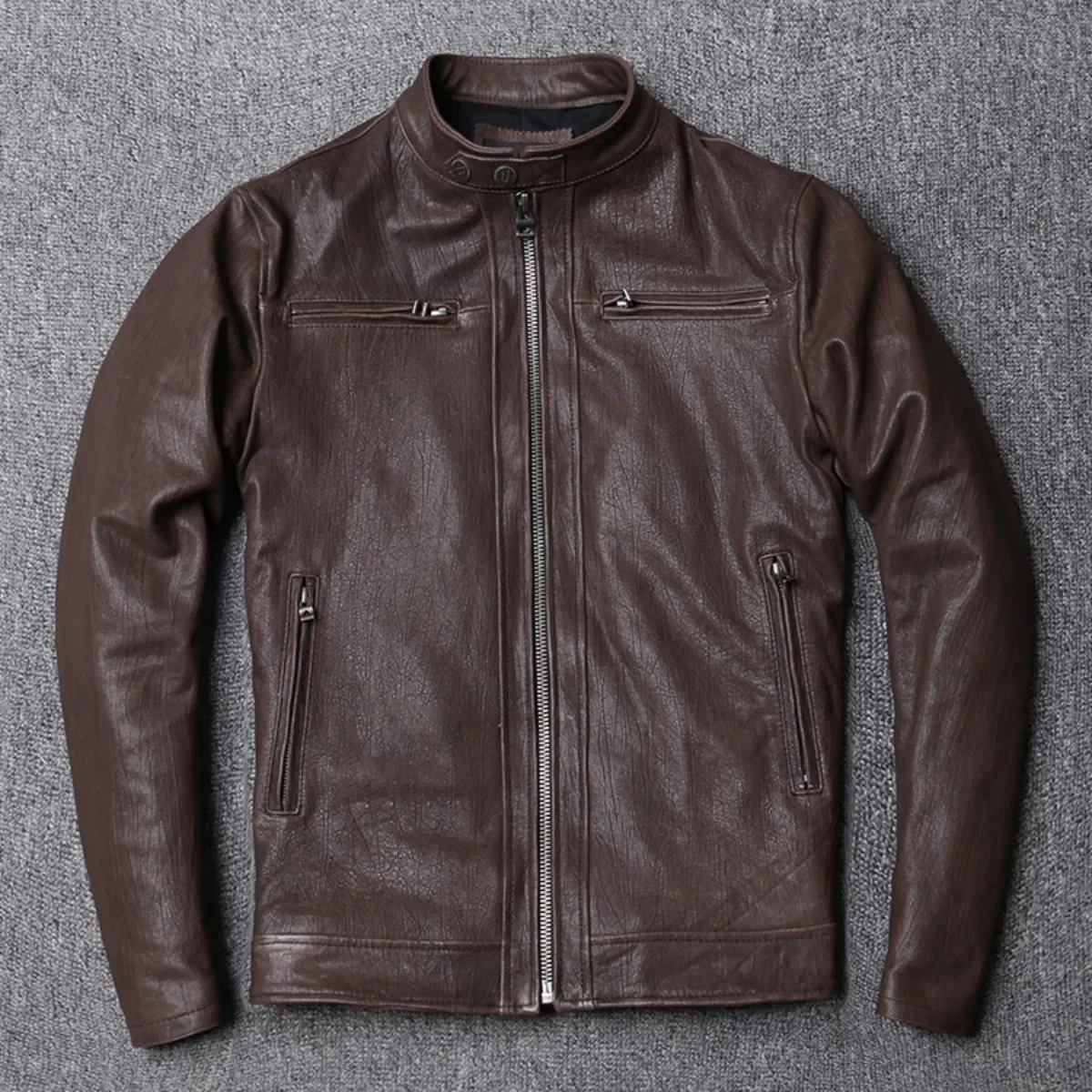 

2025 итальянская масляная восковая куртка из коры растительного дубления, овчина, натуральная кожа, мужская мотоциклетная куртка с воротником-стойкой