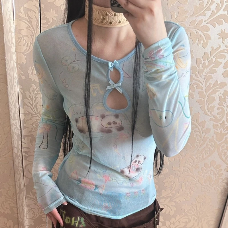 

HOUZHOU Kawaii Mesh T-Shirts Women Vintage Y2k Sweet Bow Sexy Graphic Tees Japanese Style Cute Blue Long Sleeve T-Shirts Slim Up