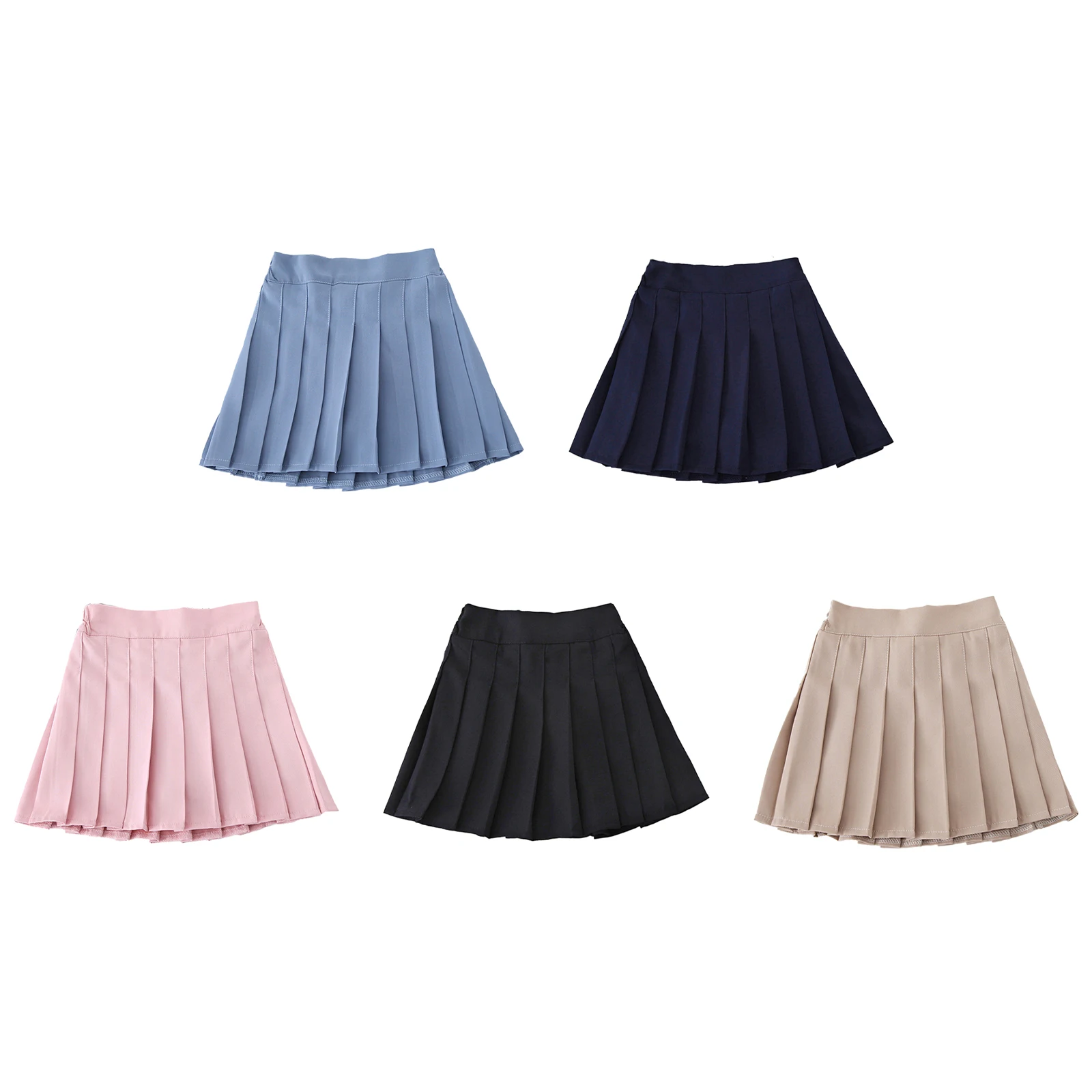 Kids Girls Casual Pleated Tennis Short Skirt  Solid Color Elastic Band High Waist A Line Skater Mini Skirt School Girls Uniform