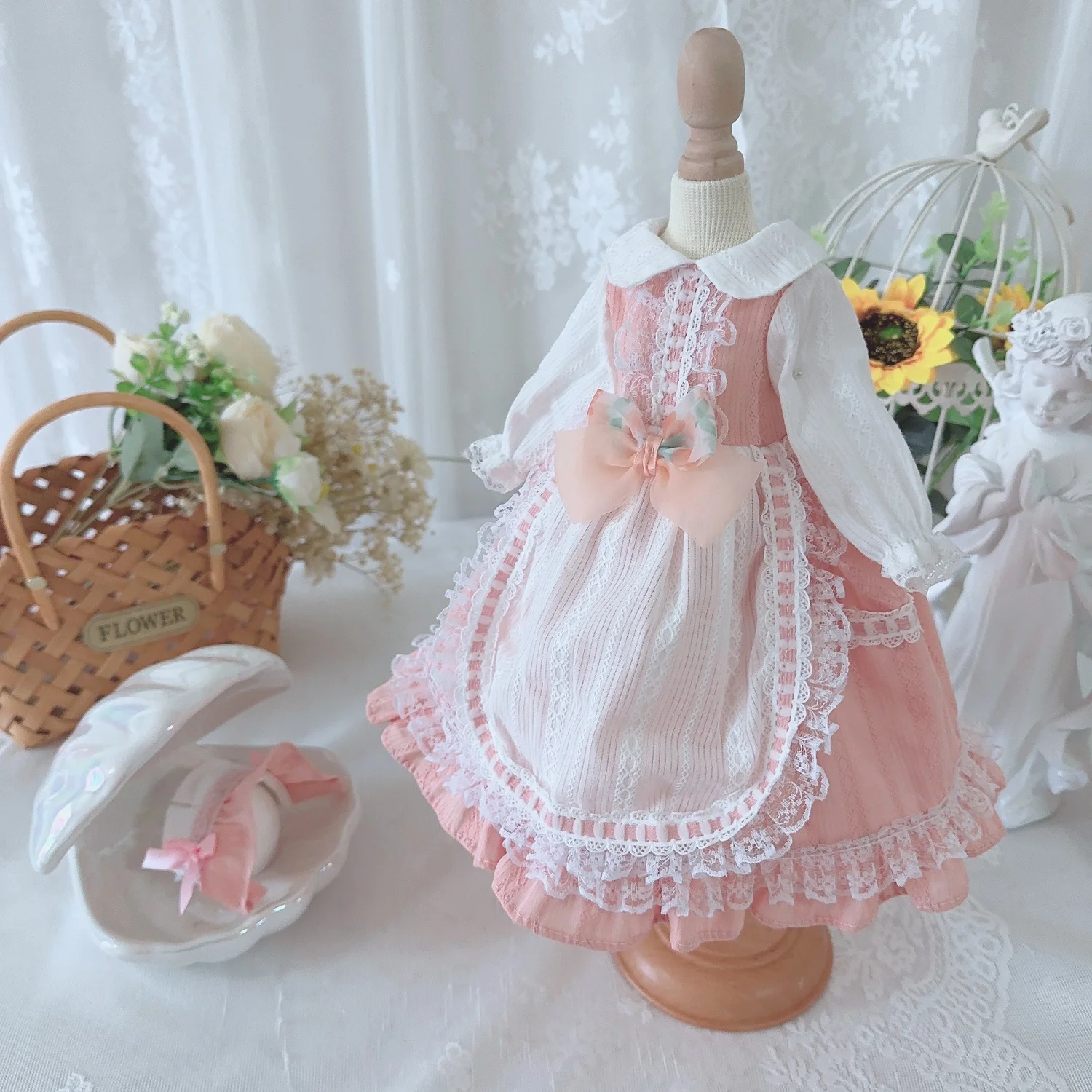 BJD Doll clothes suitable for 1/3 1/4 1/6 size pink long-sleeved bow patchwork skirt dress doll accessories