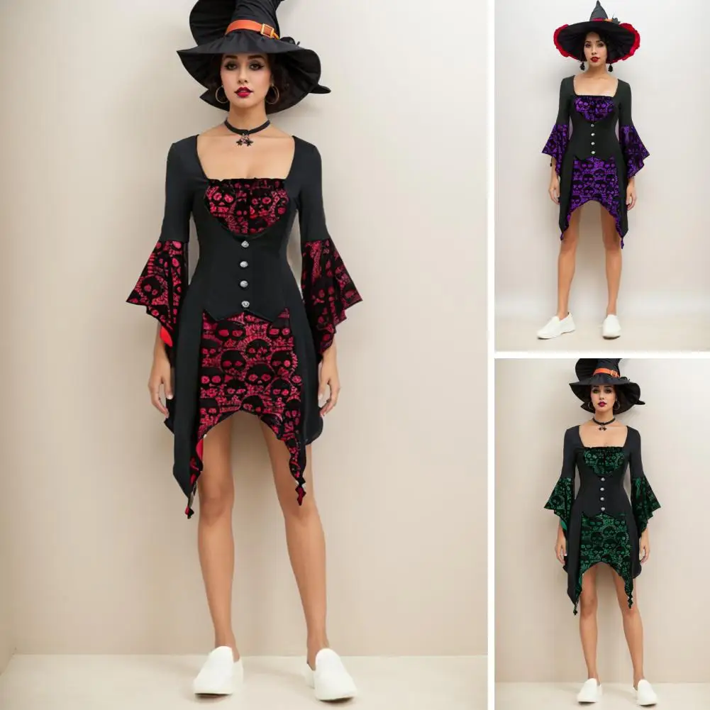 Loose Cut Dress Medieval Vintage Halloween Cosplay Dress with Skull Pattern Lace Tie-up Strap Low-cut Button Decor Women's