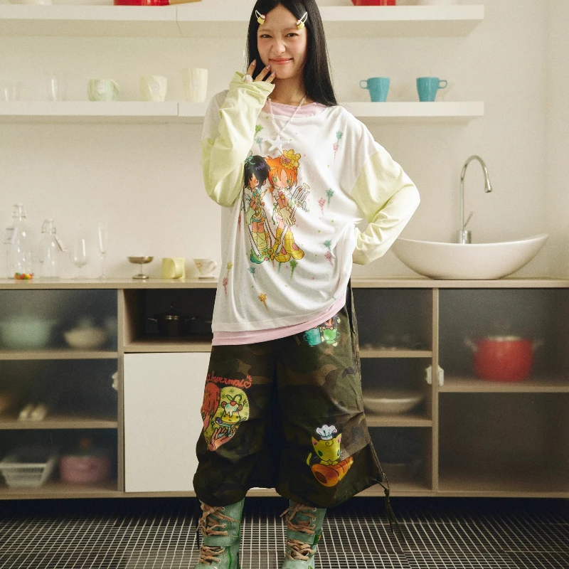 Summer Original Design New Women's Trousers Sweet Cool Cartoon Printing Camouflage Overalls Loose Thin Versatile Capris Ladies