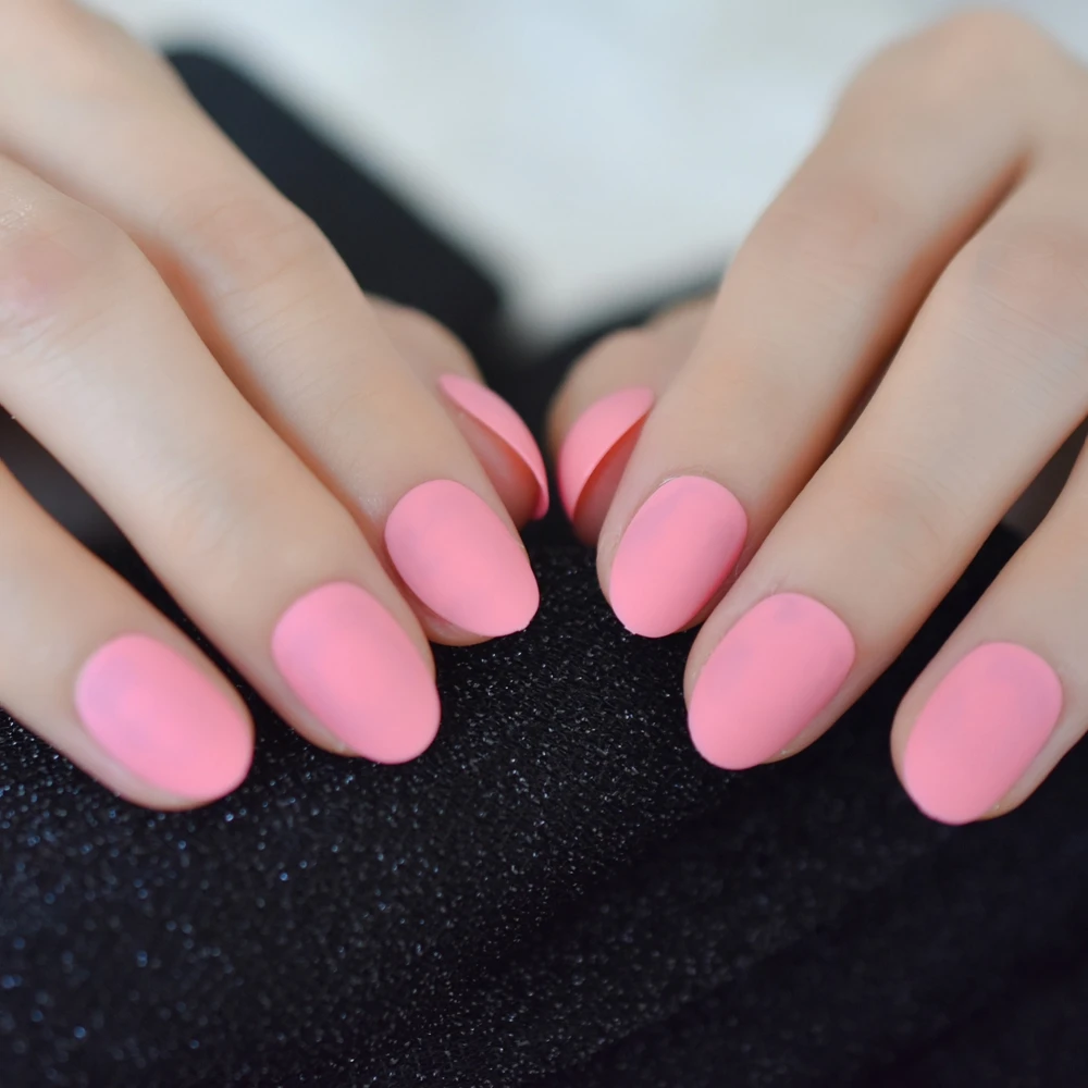 Shoft Pink Frosted Fake Nails Tips Matte Surface False Nails Short Round Acrylic Nail DIY Salon Nail Art faux ongles