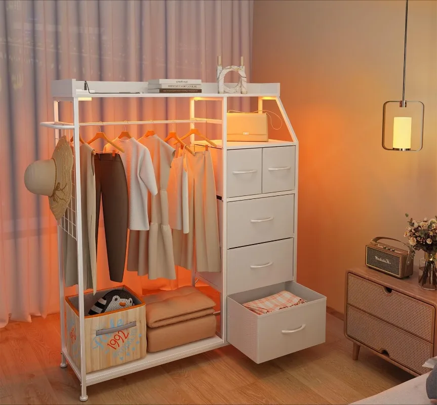 Steel frame open coat rack with lamp cloth clothes multi-pumping hanger bedroom simple clothing storage floor wardrobe