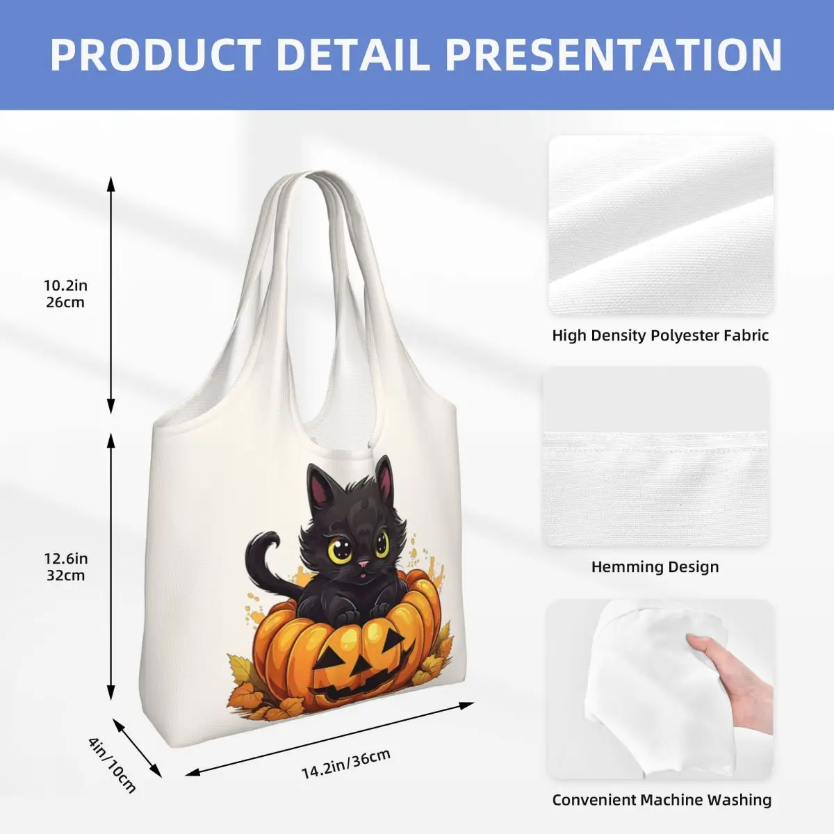 Adorable Halloween Kitty Funny Halloween Print Cotton Tote Bag - Casual Commuter Shoulder Bag for Grocery Shopping