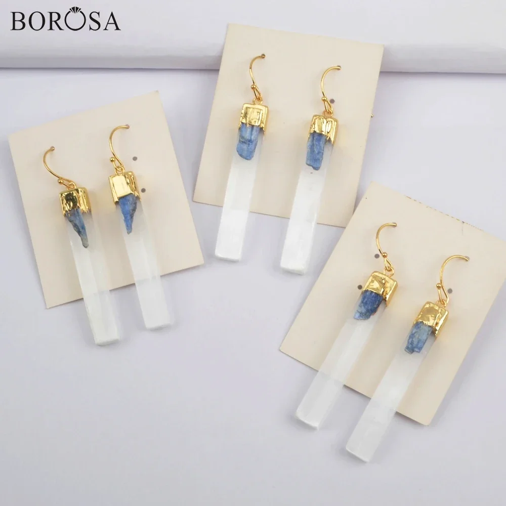 BOROSA Golden Color Electroplated Selenite Quartz & Kyanite Bar Earrings Natural Gemstone Dangle Earring Jewelry For Women Gifts