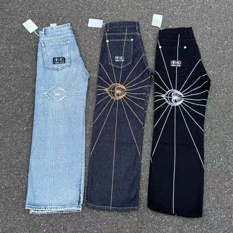 

Embroidery Spider Web Thug Club Loose Straight Wide Leg Jeans Men Women High Quality Blue Royal Blue Black Casual Denim Pants