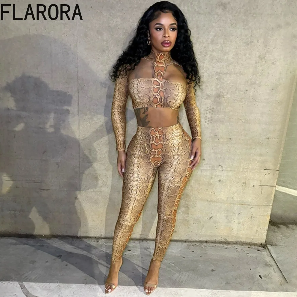 

FLARORA Sexy Serpentine Print 2 Pcs Sets Woman Hollow Out O Neck Long Sleeve Crop Tops And Skinny Pants Outfits Party Clubwear