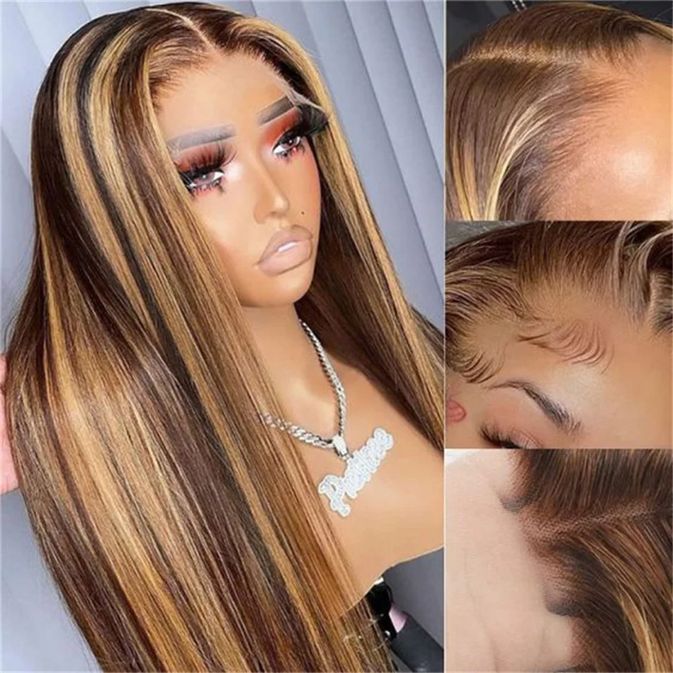 

Honey Blonde Ombre Lace Front Wig Highlight Straight Human Hair Wig 13x4 Transparent Lace Frontal Wigs Human Hair Pre-Plucked