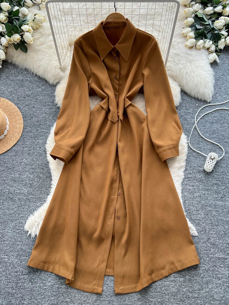 

Модное женское осеннее платье с длинным рукавом, легкое, элегантное, с поясом, А-силуэт, миди, для офиса и повседневной носки