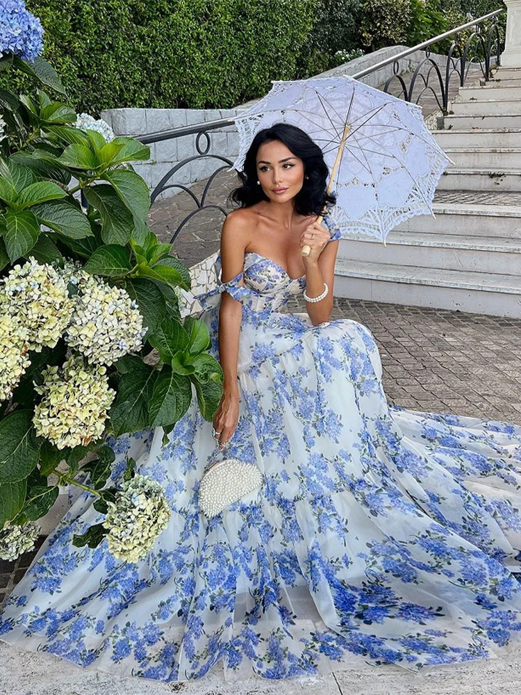 Evening Dresses Women Off Shoulder Backless Floral Printed Dress Ladies Elegant Princess Wedding Party Long Dresses Vestidos