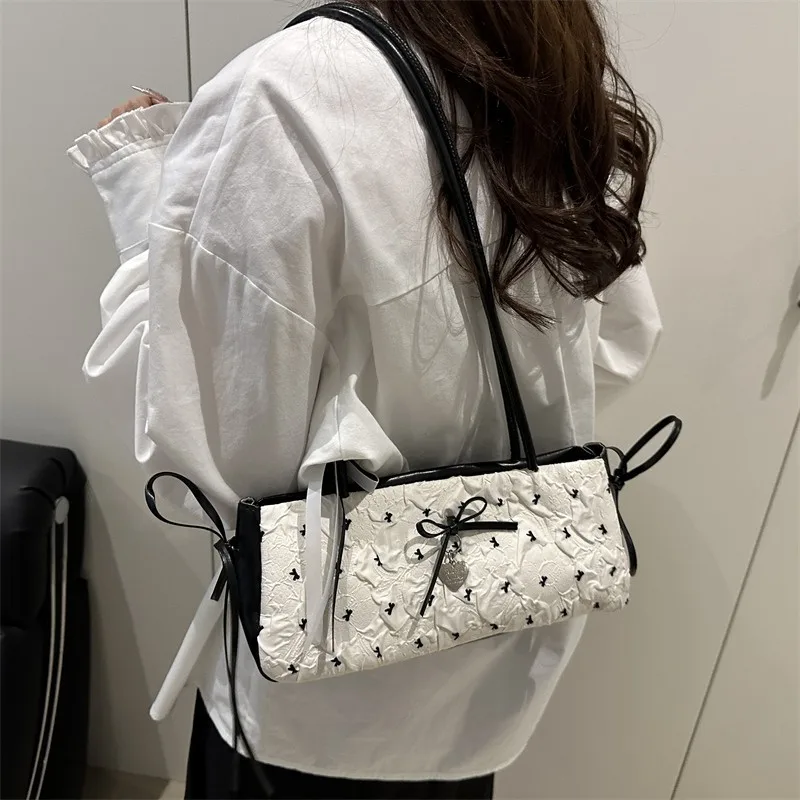 Stylish Black White Pink Women's Handbag Shoulder Underarm Bags with Bow Heart Pendant Elegant Shoulder Purse for Women Daily