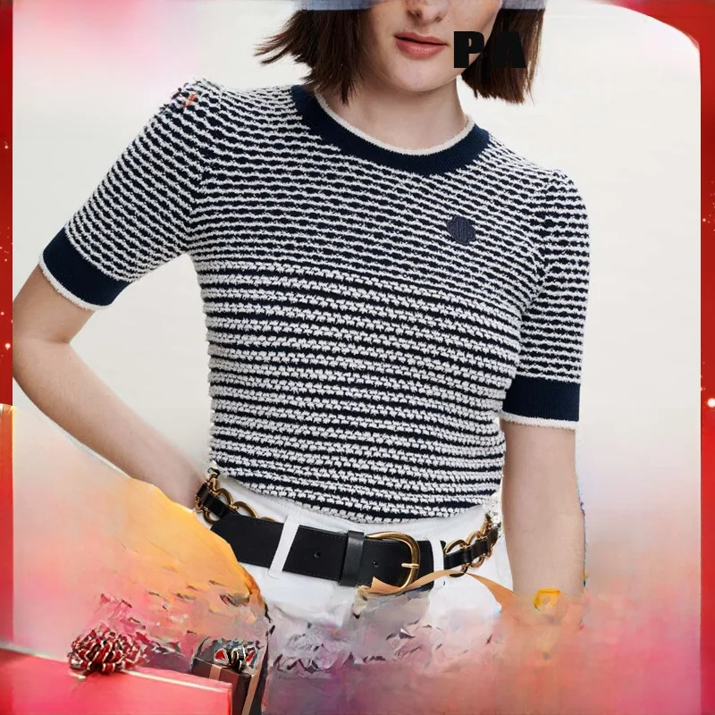 

MaSandeM Women's Knitted T-irt round Ne Design Striped Top Spring Summer Faion Casual Wear ort Sve Slim Fit