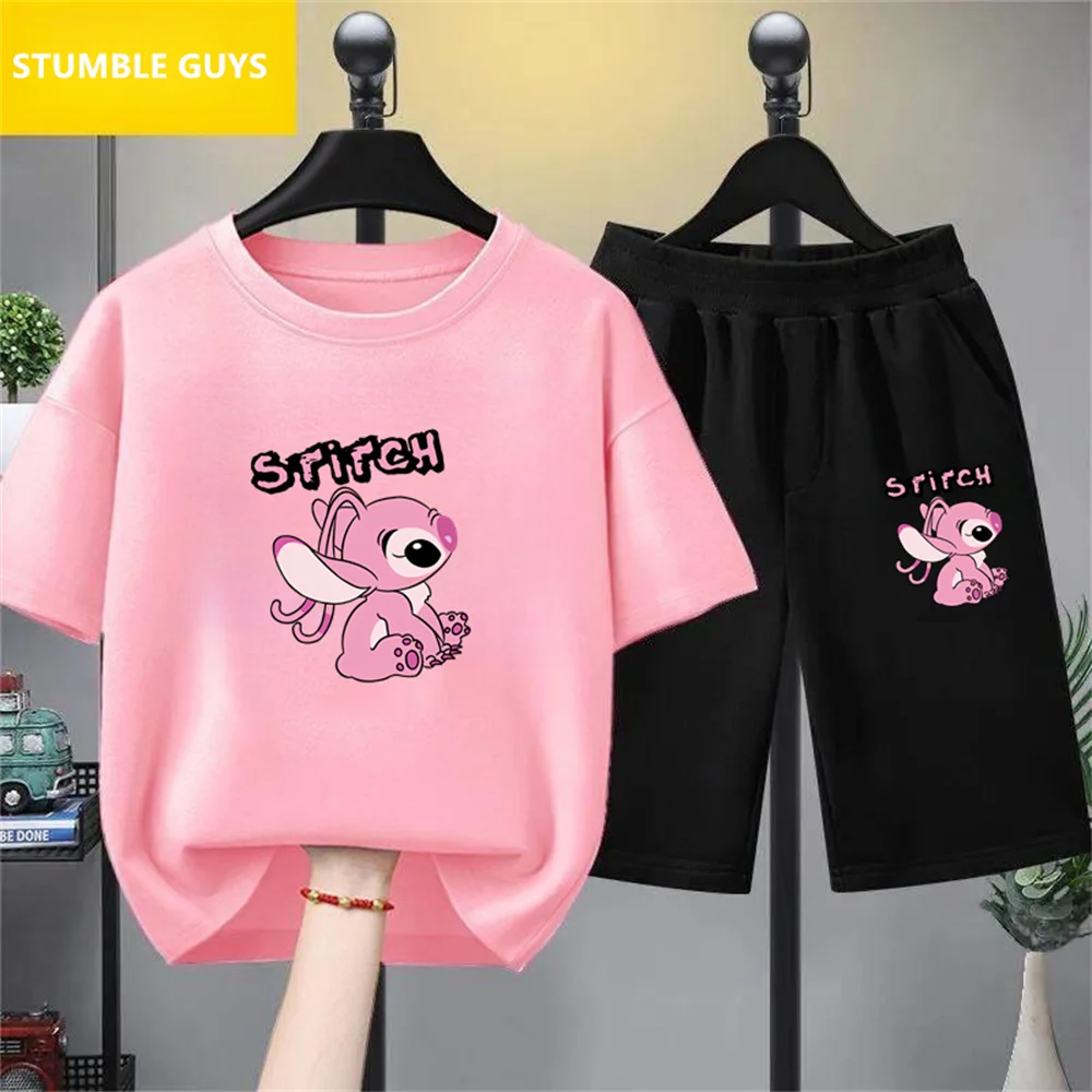 Kawaii Anime Stitch Children's Trucksuit Summer Fashion Multiple Cartoon Casual T-shirts Round Neck Short Sleeve Print Tops