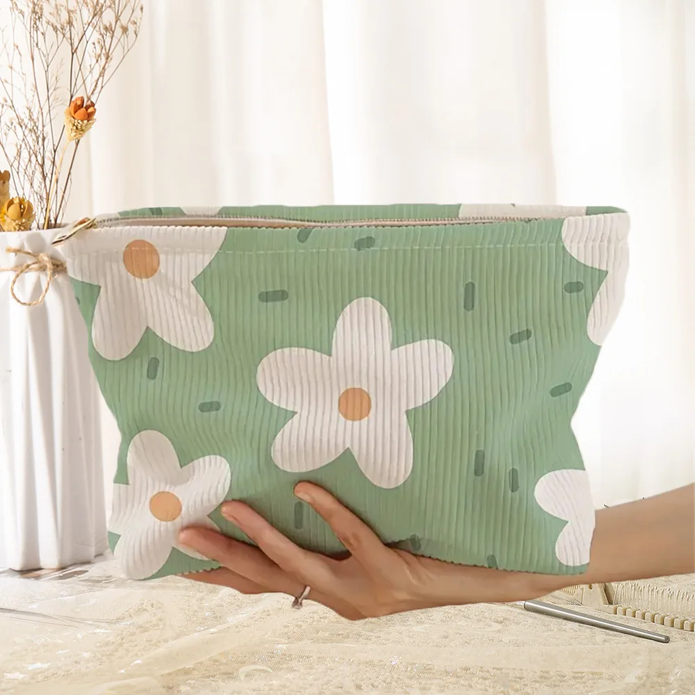 Flower Printed Corduroy Cosmetic Bag Zipper Makeup Bag with Lining Lightweight and Multifunctional Storage Bag for Women