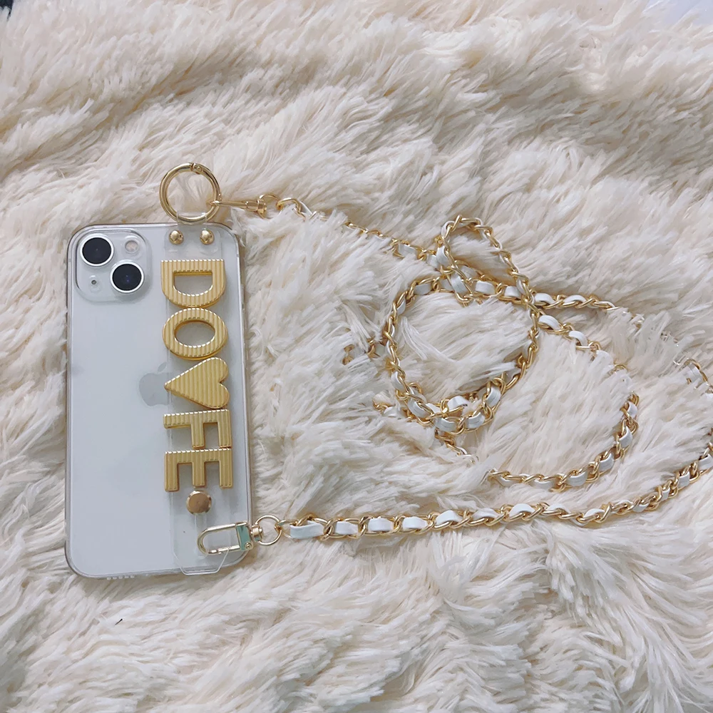 Custom Name Gold Letters TPU Lanyard Phone Case For iPhone 11 12 16pro 13Pro Max 14 pro max For Samsung Personalized Chain Cover