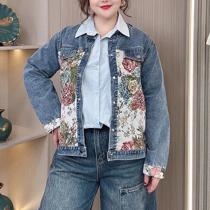 Women's Plus Size 2025 Spring Chinese Style Embroidered Denim Jacket, Long Sleeve Coat With Patchwork Design, Casual 8286