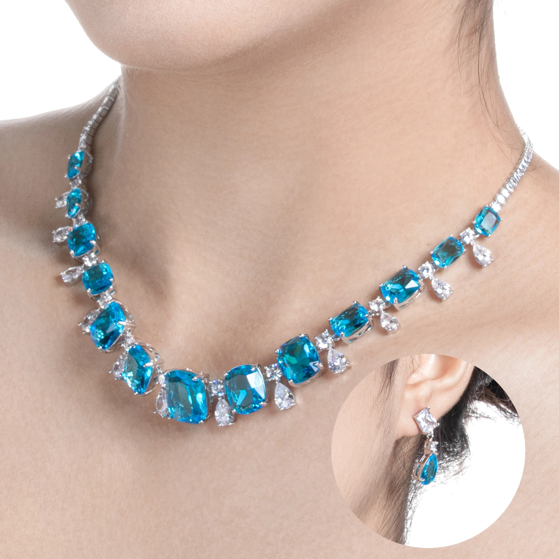 

New European Bridal Zircon Jewelry Set Luxury Two-piece Necklace Earrings Elegant Clavicle Accessories Wholesale
