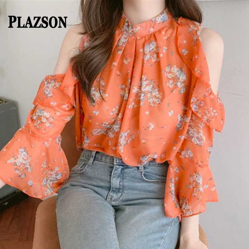 Blusas Mujer De Moda 2024 Sexy Off Shoulder Summer Shirt Chiffon Blouse Pullover Women Floral Loose See-though Ruffle Tops