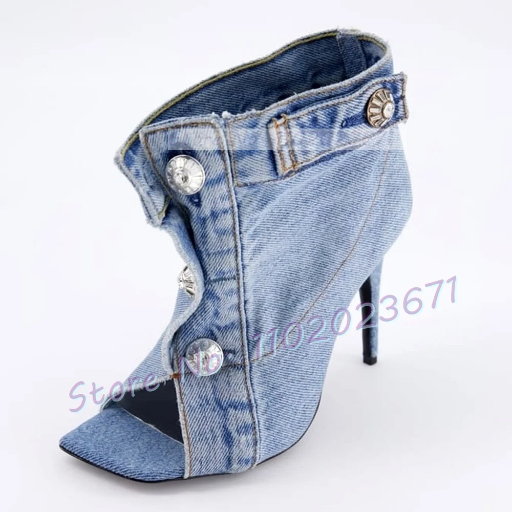 Open Toe Denim Ankle Boots Female Stylish Front Buttons High Heels Shoes Square Toe Party Women Buckle Strap Cool Cowboy Boots