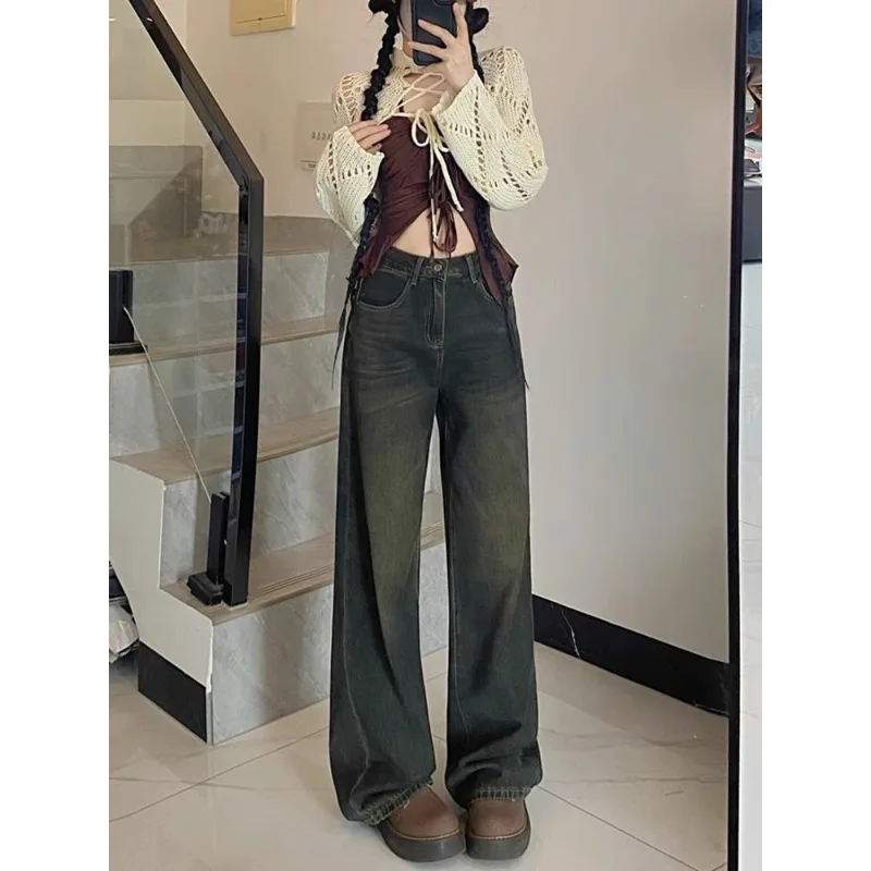 

Retro High Waist Wide Leg Denim Jeans Women's Autumn Winter New Style Solid Color Fashion Loose Casual Straight Leg Pants