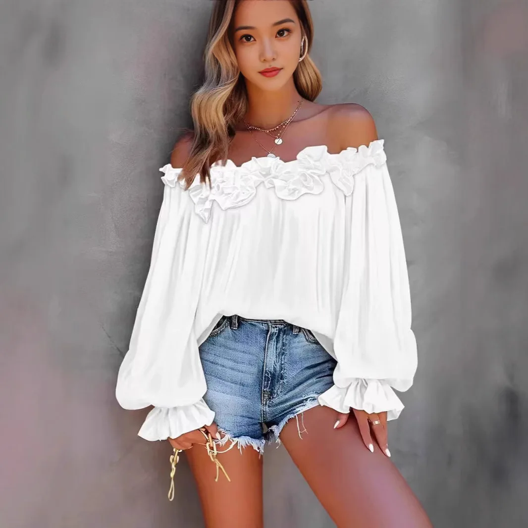 Camicetta da donna elegante con volant monospalla tinta unita pieghe orlo allentato lanterna camicie a maniche lunghe tinta unita top femminili