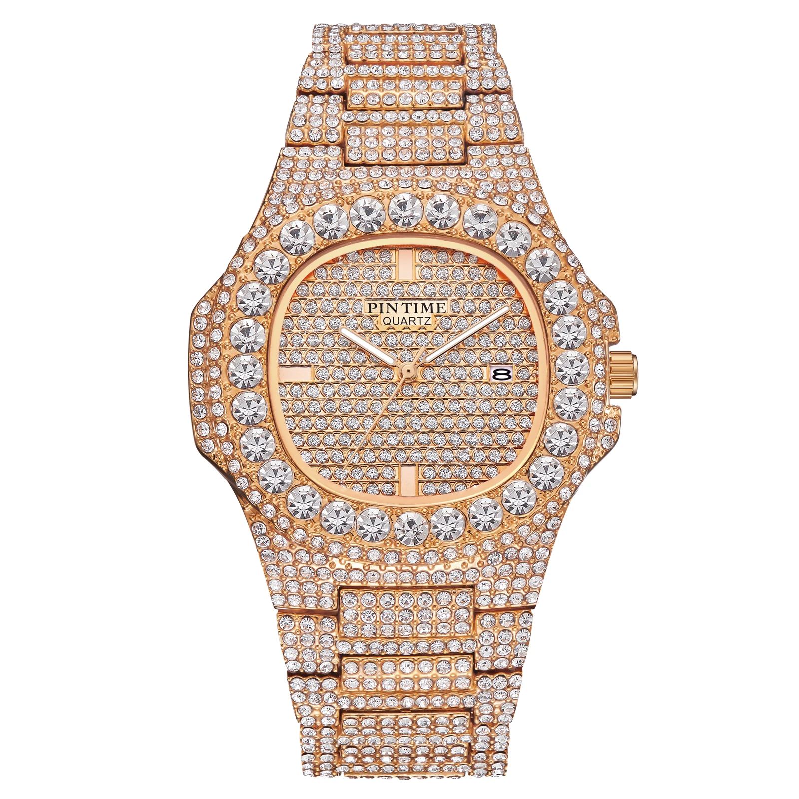 Großhandel Männer Frauen Diamant Iced Out Uhr Edelstahl Großen Kristall Stein Quarz Armbanduhren für Herren Voll Gepflastert